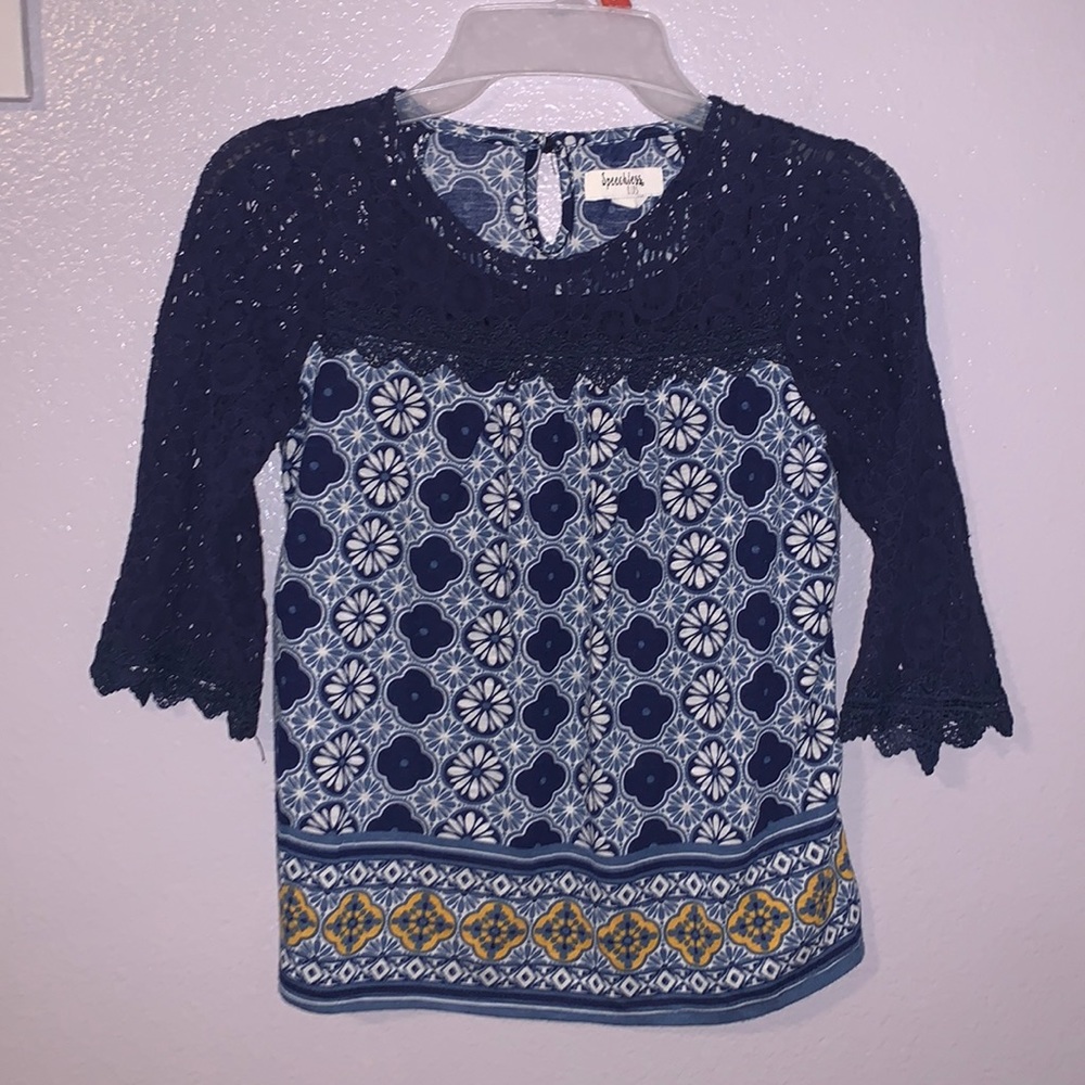 Speechless Kids blue pattern lace 3/4 sleeves blouse